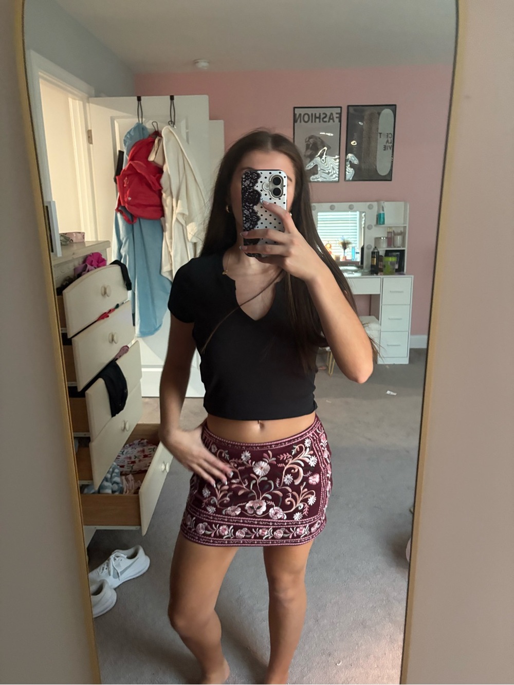 Altar'd State Burgundy Floral Embroidered Mini Skirt